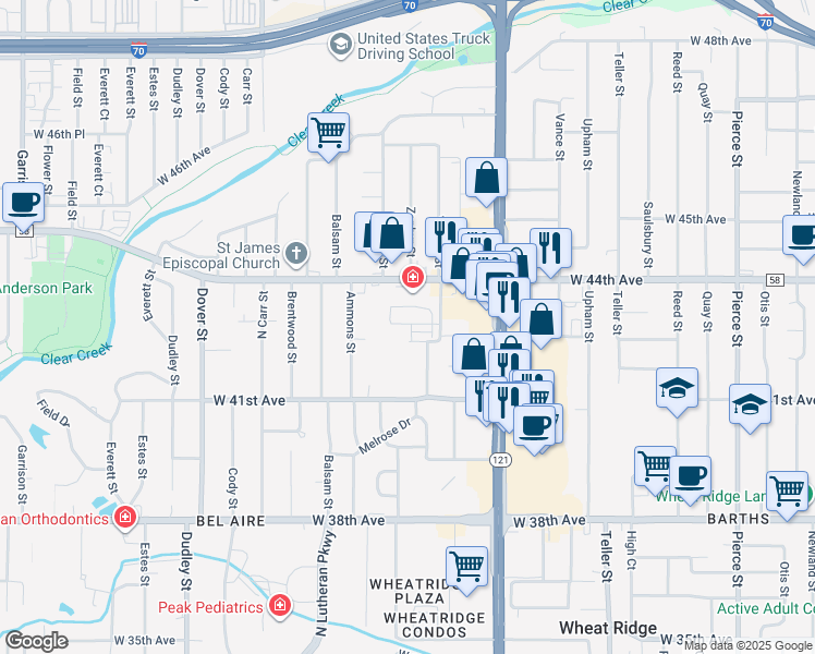 map of restaurants, bars, coffee shops, grocery stores, and more near 7880 West 43rd Circle in Wheat Ridge