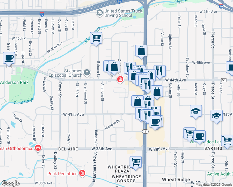 map of restaurants, bars, coffee shops, grocery stores, and more near 7880 West 43rd Circle in Wheat Ridge