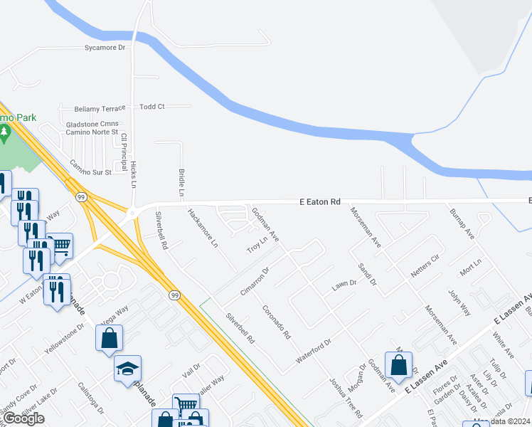 map of restaurants, bars, coffee shops, grocery stores, and more near 3226 Godman Avenue in Chico