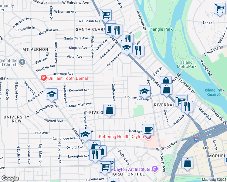 map of restaurants, bars, coffee shops, grocery stores, and more near 237 Kenwood Avenue in Dayton