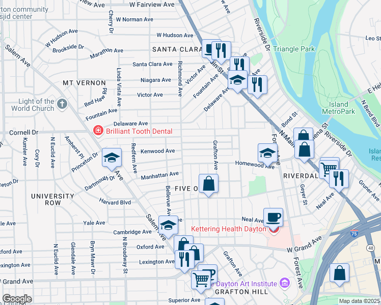map of restaurants, bars, coffee shops, grocery stores, and more near 365 Kenwood Avenue in Dayton