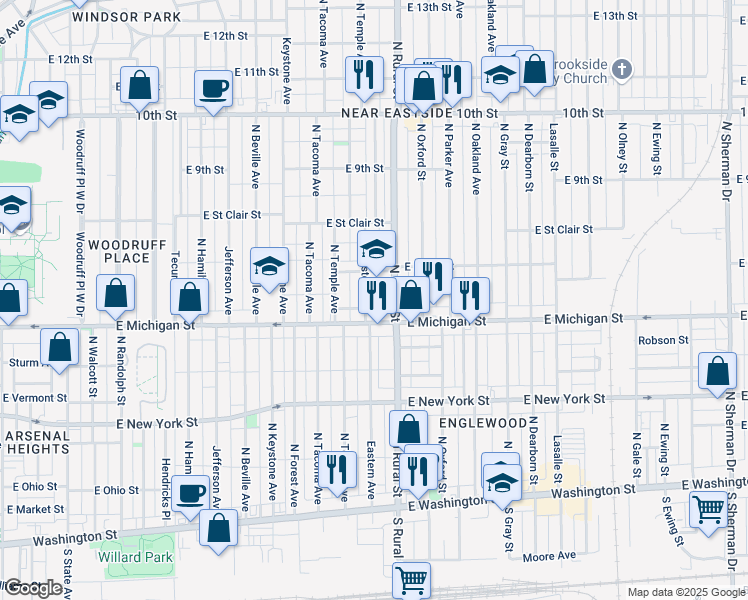 map of restaurants, bars, coffee shops, grocery stores, and more near 538 Eastern Avenue in Indianapolis
