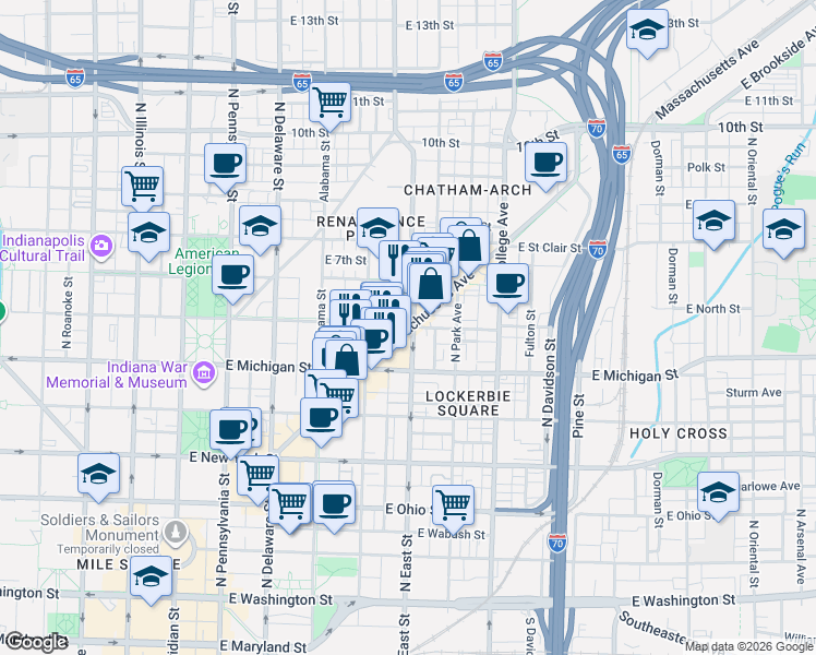 map of restaurants, bars, coffee shops, grocery stores, and more near 416 East North Street in Indianapolis