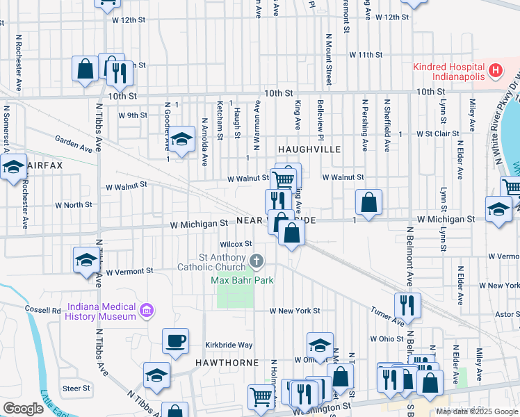 map of restaurants, bars, coffee shops, grocery stores, and more near 530 North Holmes Avenue in Indianapolis