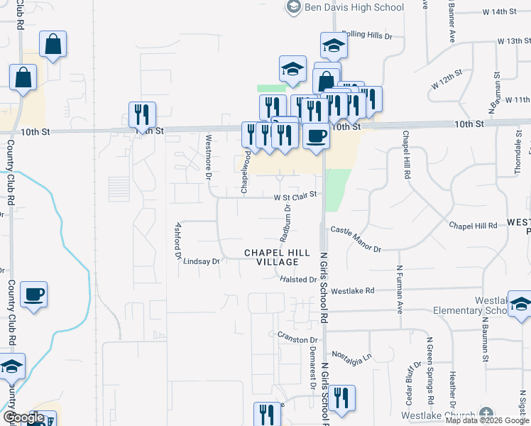 map of restaurants, bars, coffee shops, grocery stores, and more near 7423 West Saint Clair Street in Indianapolis