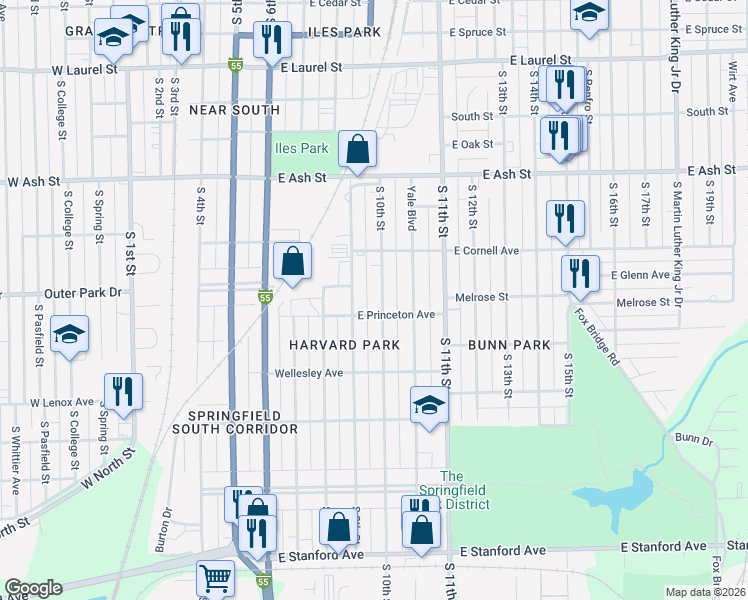 map of restaurants, bars, coffee shops, grocery stores, and more near 2244 South 9th Street in Springfield