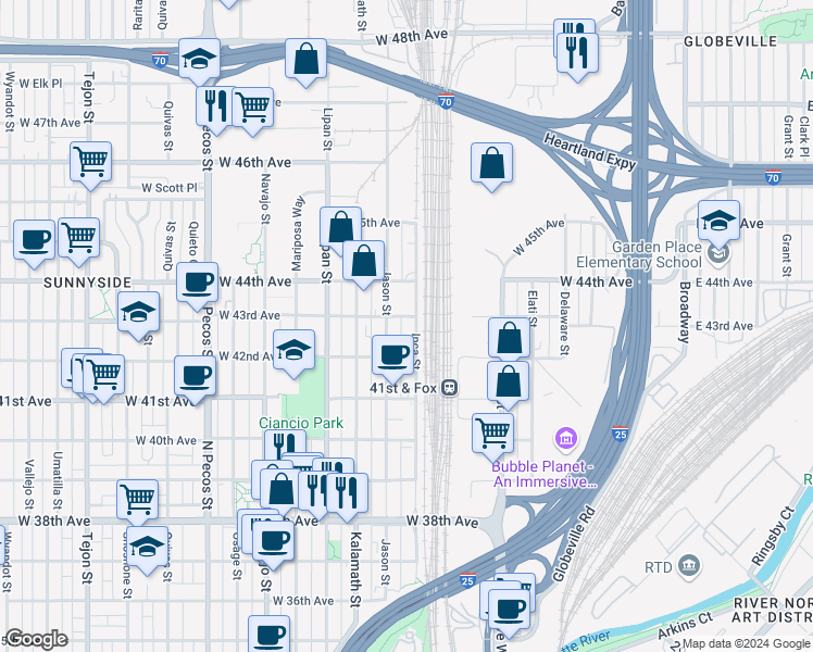 map of restaurants, bars, coffee shops, grocery stores, and more near 4295 Inca Street in Denver