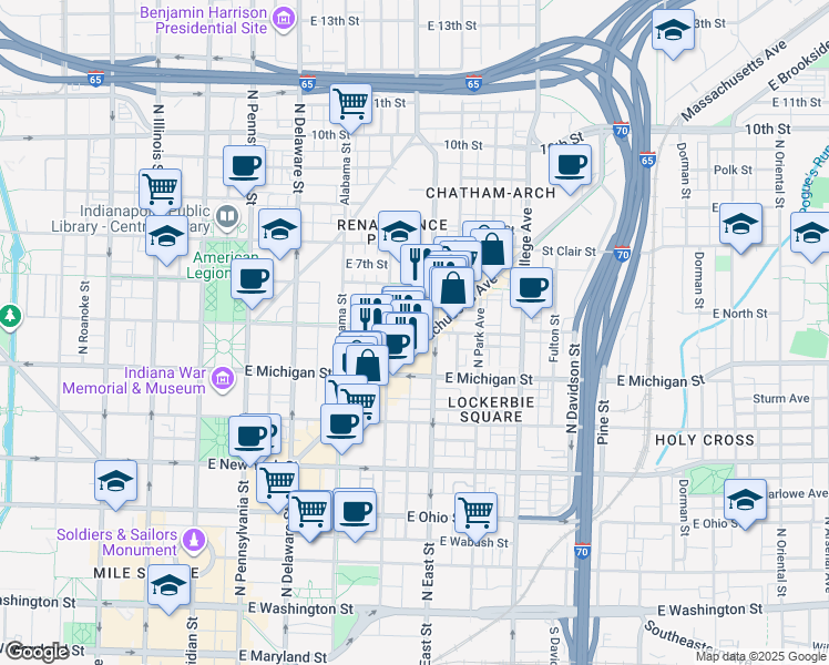 map of restaurants, bars, coffee shops, grocery stores, and more near 555 Massachusetts Avenue in Indianapolis