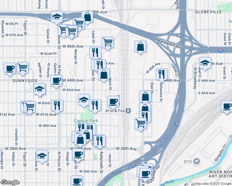 map of restaurants, bars, coffee shops, grocery stores, and more near 4295 Inca Street in Denver