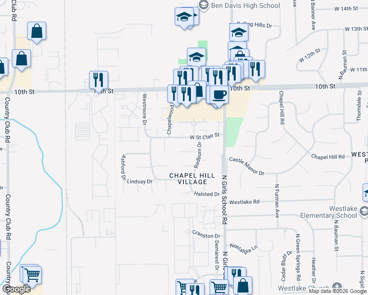 map of restaurants, bars, coffee shops, grocery stores, and more near 7423 West Saint Clair Street in Indianapolis