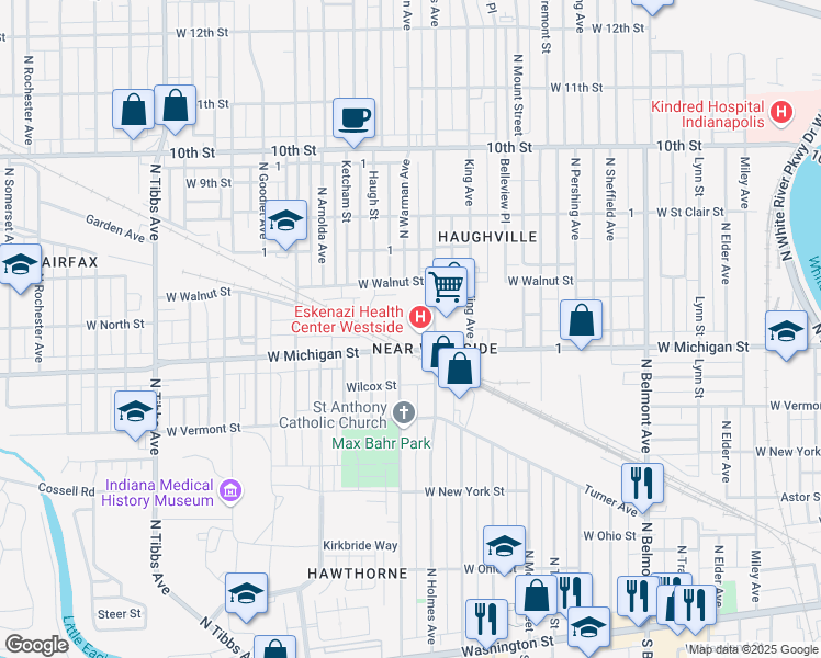 map of restaurants, bars, coffee shops, grocery stores, and more near 530 North Holmes Avenue in Indianapolis