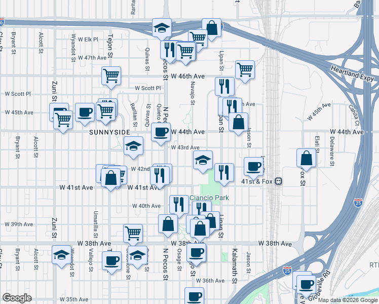map of restaurants, bars, coffee shops, grocery stores, and more near 4275 Navajo Street in Denver