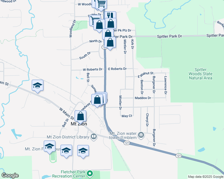 map of restaurants, bars, coffee shops, grocery stores, and more near in Mount Zion
