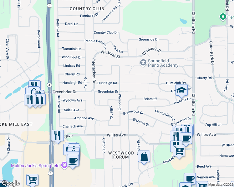 map of restaurants, bars, coffee shops, grocery stores, and more near 2200 Greenbriar Drive in Springfield