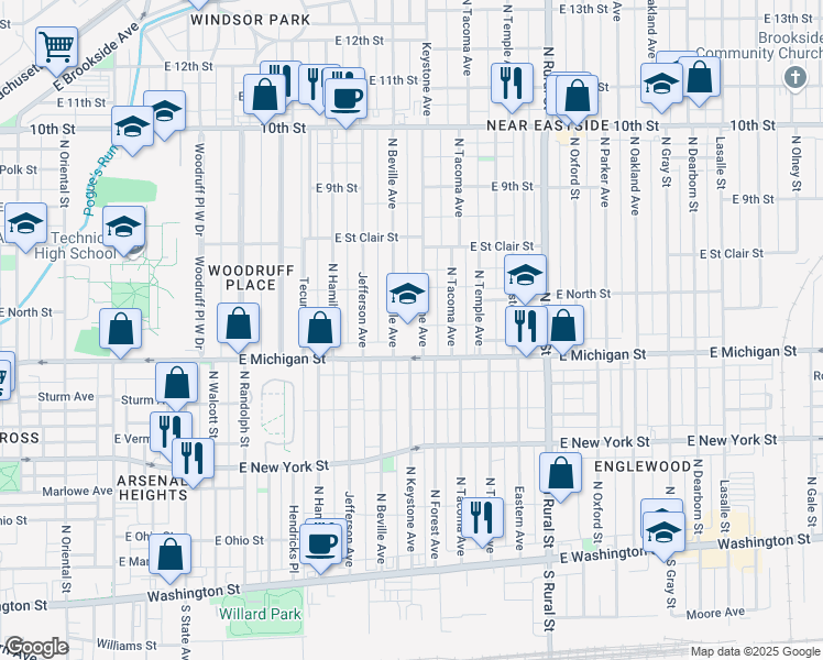 map of restaurants, bars, coffee shops, grocery stores, and more near 2302 East Michigan Street in Indianapolis