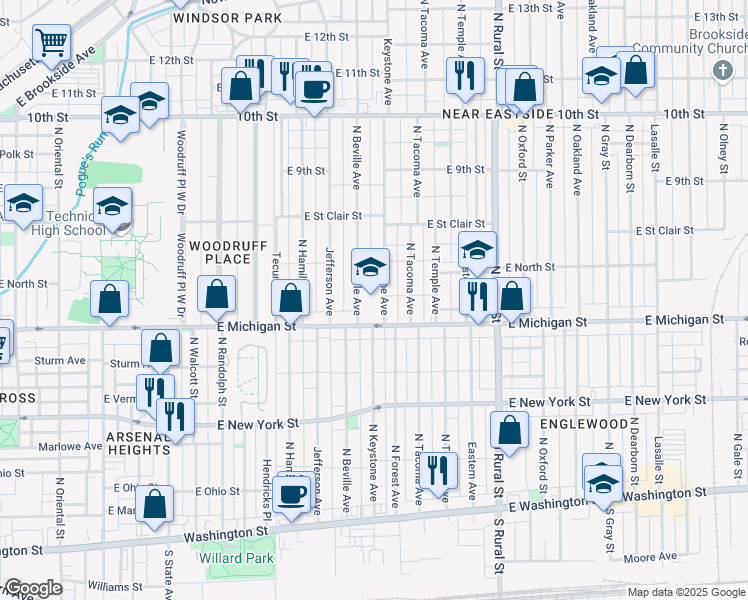 map of restaurants, bars, coffee shops, grocery stores, and more near 2302 East Michigan Street in Indianapolis