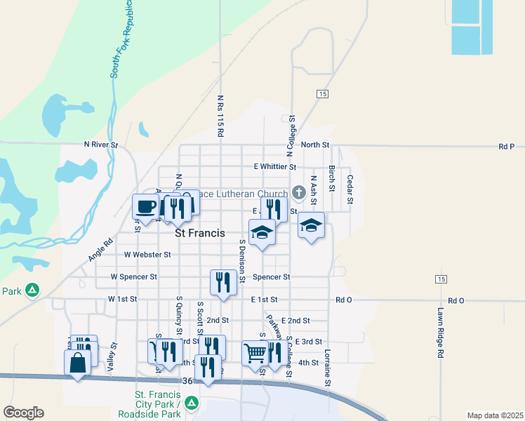 map of restaurants, bars, coffee shops, grocery stores, and more near 213 North Frances Street in Saint Francis