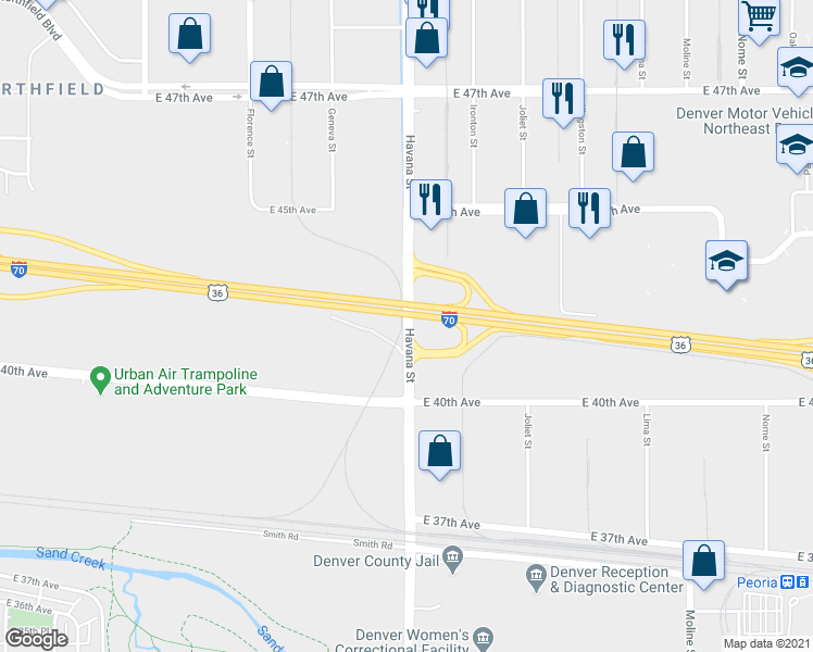 map of restaurants, bars, coffee shops, grocery stores, and more near 4005 Havana Street in Denver