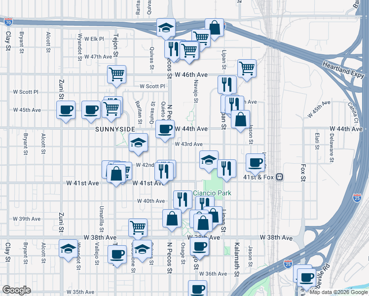 map of restaurants, bars, coffee shops, grocery stores, and more near 4275 Navajo Street in Denver
