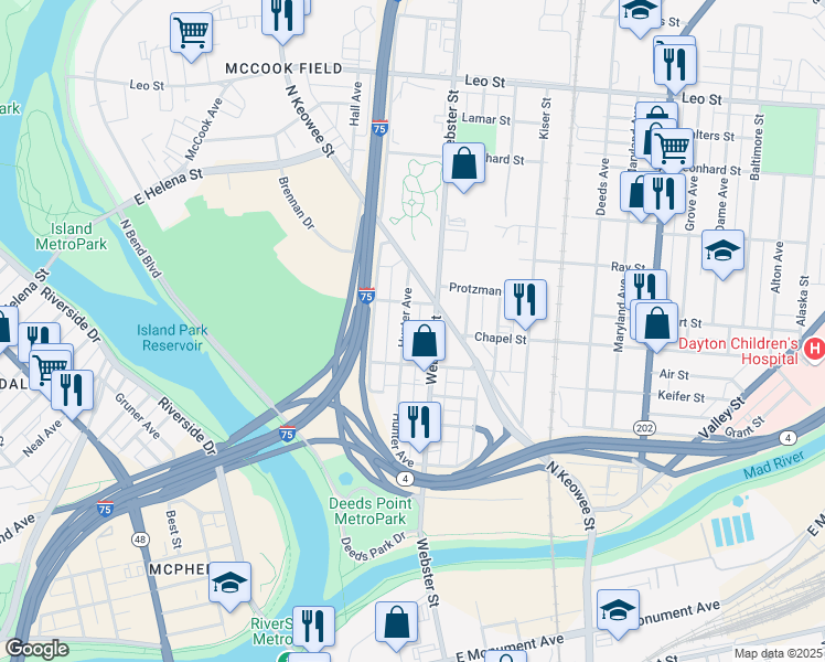 map of restaurants, bars, coffee shops, grocery stores, and more near 440 Hunter Avenue in Dayton