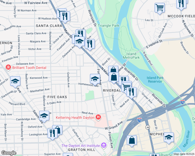 map of restaurants, bars, coffee shops, grocery stores, and more near 638 Forest Avenue in Dayton