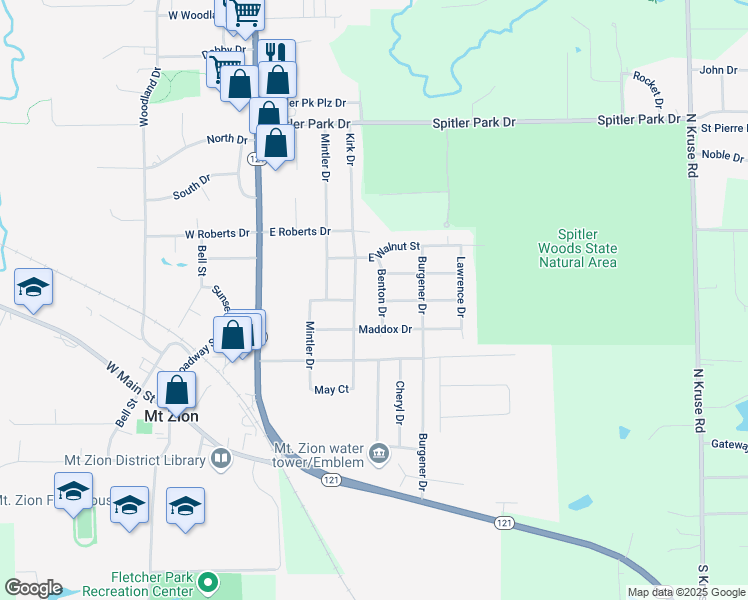map of restaurants, bars, coffee shops, grocery stores, and more near 600-620 Kirk Drive in Mount Zion