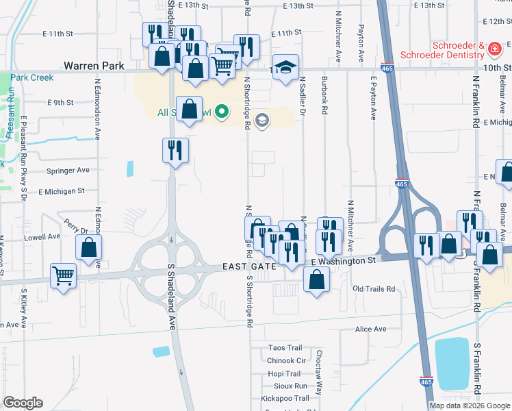 map of restaurants, bars, coffee shops, grocery stores, and more near 135 North Shortridge Road in Indianapolis