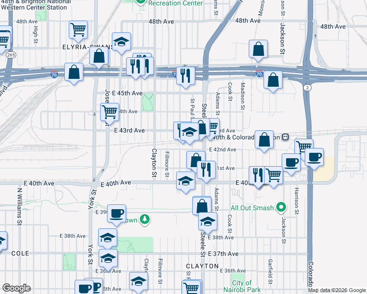 map of restaurants, bars, coffee shops, grocery stores, and more near 4220 Milwaukee Street in Denver