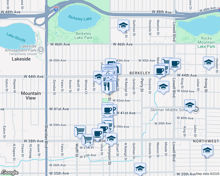 map of restaurants, bars, coffee shops, grocery stores, and more near 4398 West 43rd Avenue in Denver