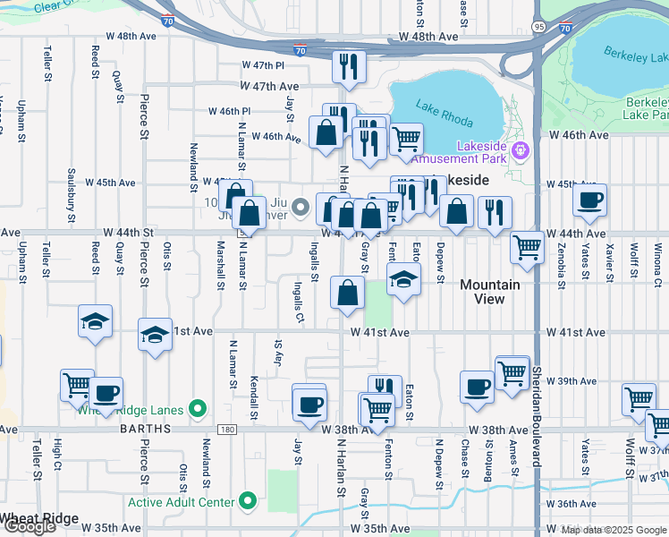 map of restaurants, bars, coffee shops, grocery stores, and more near 4331 North Harlan Street in Wheat Ridge