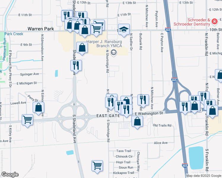 map of restaurants, bars, coffee shops, grocery stores, and more near 135 North Shortridge Road in Indianapolis