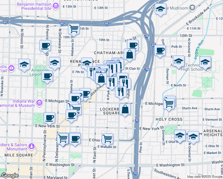 map of restaurants, bars, coffee shops, grocery stores, and more near 611 East North Street in Indianapolis