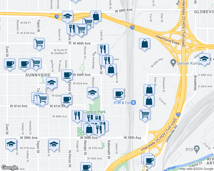 map of restaurants, bars, coffee shops, grocery stores, and more near 1100 West 43rd Avenue in Denver