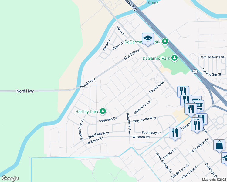 map of restaurants, bars, coffee shops, grocery stores, and more near 3428 Penzance Avenue in Chico