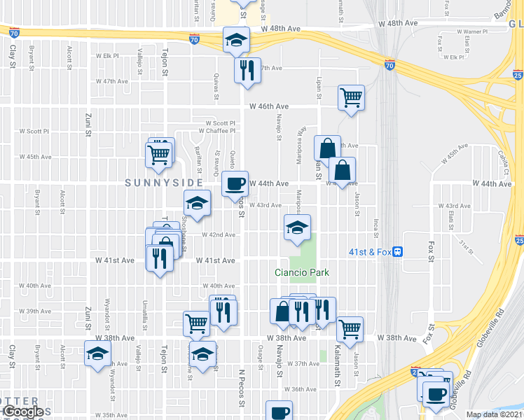 map of restaurants, bars, coffee shops, grocery stores, and more near 4275 Navajo Street in Denver