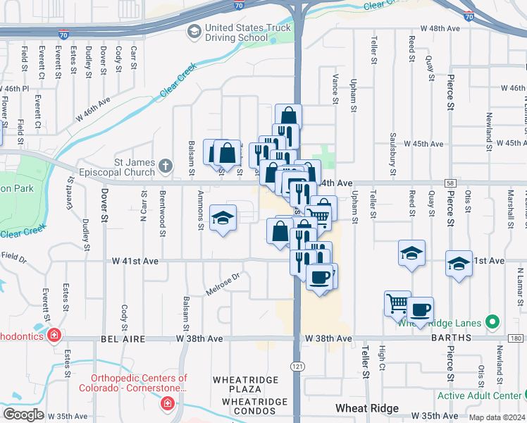 map of restaurants, bars, coffee shops, grocery stores, and more near 4265 Yarrow Street in Wheat Ridge