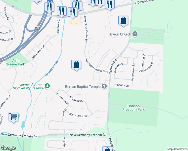 map of restaurants, bars, coffee shops, grocery stores, and more near 1612 Valley Oak Lane in Fairborn