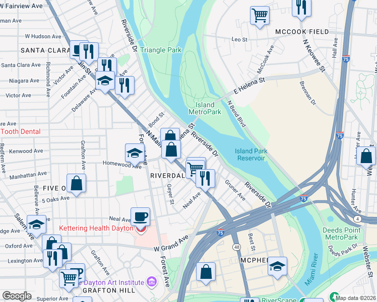 map of restaurants, bars, coffee shops, grocery stores, and more near 53 Vincent Street in Dayton