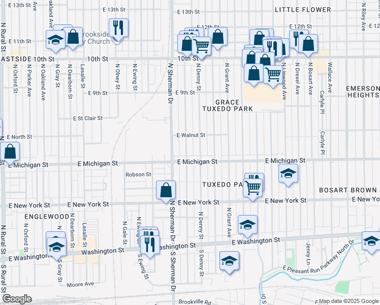 map of restaurants, bars, coffee shops, grocery stores, and more near 524 North Denny Street in Indianapolis