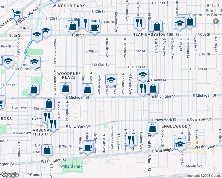 map of restaurants, bars, coffee shops, grocery stores, and more near 536 North Beville Avenue in Indianapolis