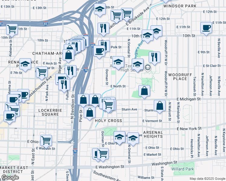 map of restaurants, bars, coffee shops, grocery stores, and more near 568 North Highland Avenue in Indianapolis