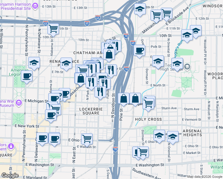 map of restaurants, bars, coffee shops, grocery stores, and more near 740 East North Street in Indianapolis