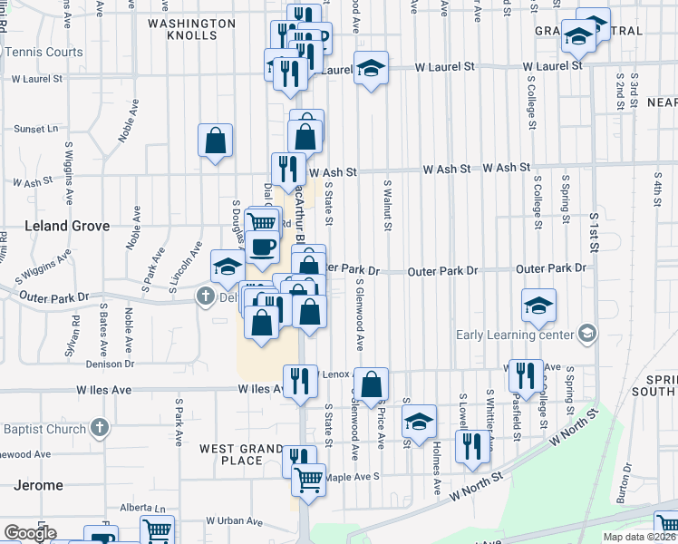 map of restaurants, bars, coffee shops, grocery stores, and more near 900-974 Outer Park Dr in Springfield