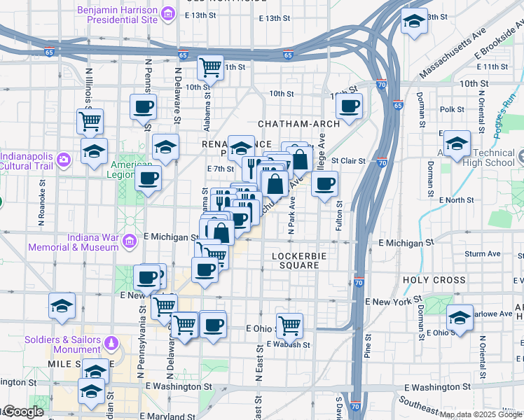 map of restaurants, bars, coffee shops, grocery stores, and more near 620 East North Street in Indianapolis