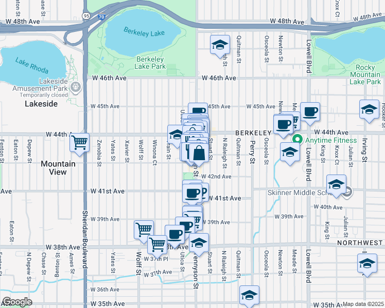 map of restaurants, bars, coffee shops, grocery stores, and more near 4330 Utica Street in Denver