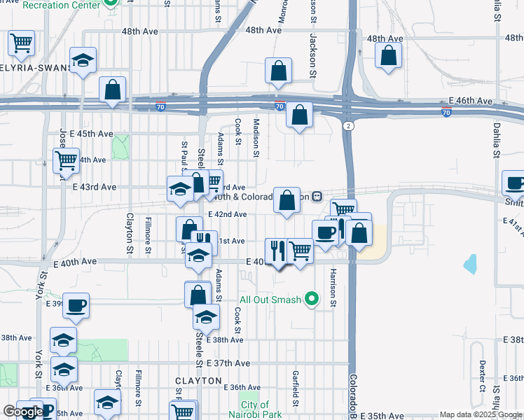 map of restaurants, bars, coffee shops, grocery stores, and more near 4220 Madison Street in Denver
