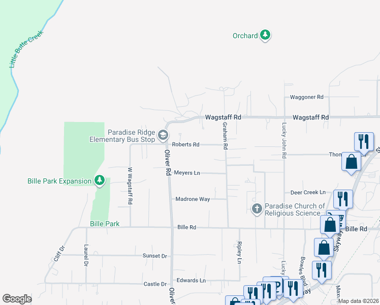 map of restaurants, bars, coffee shops, grocery stores, and more near 696 Roberts Road in Paradise