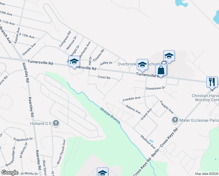 map of restaurants, bars, coffee shops, grocery stores, and more near 25 Penn Drive in Pine Hill