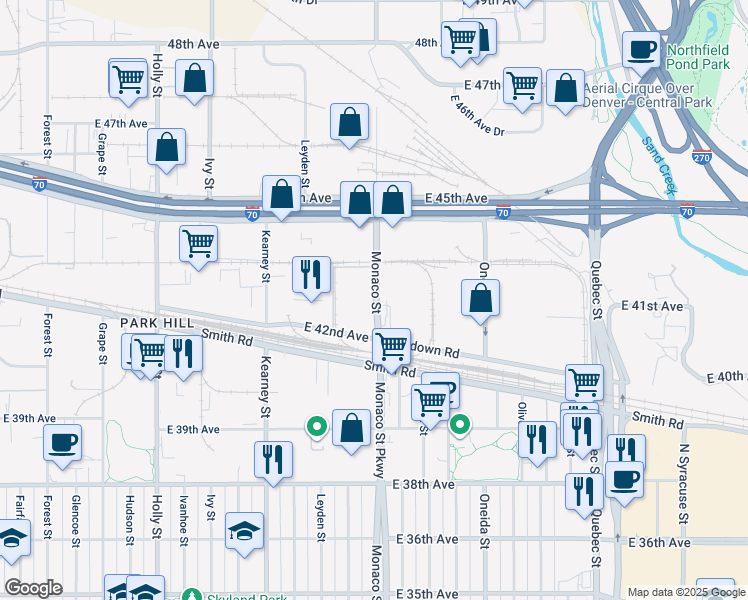 map of restaurants, bars, coffee shops, grocery stores, and more near 4101 North Monaco Parkway in Denver
