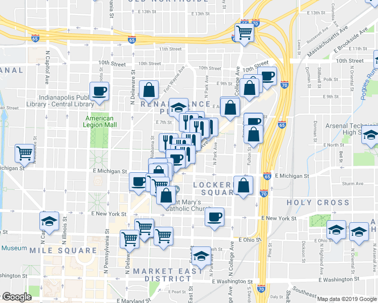 map of restaurants, bars, coffee shops, grocery stores, and more near 454 E North St in Indianapolis